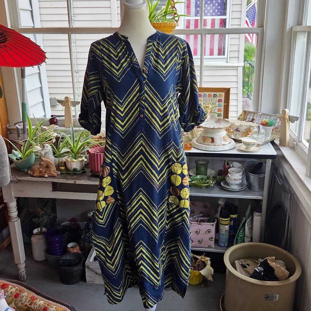 Utsa India Cotton Linen Midi Dress M Blue Green Boho Chevron Fruit Pockets